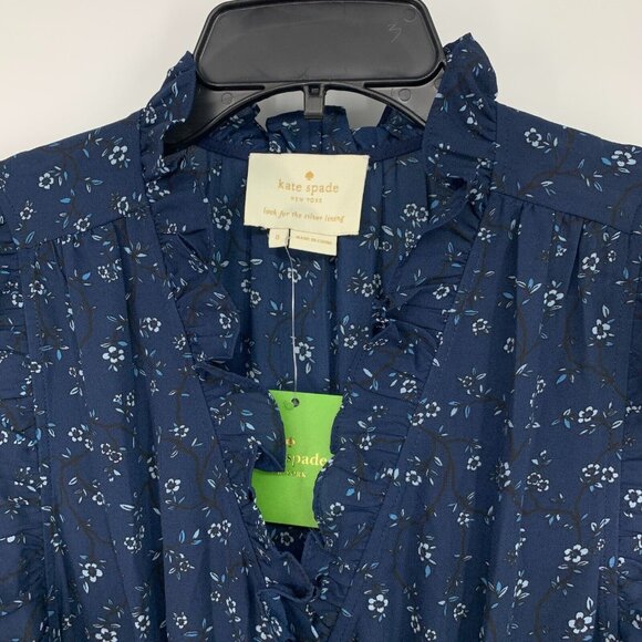 Kate Spade Dress Blue Wild Roses Floral Print V Neck Ruffle Wrap - Picture 4 of 14